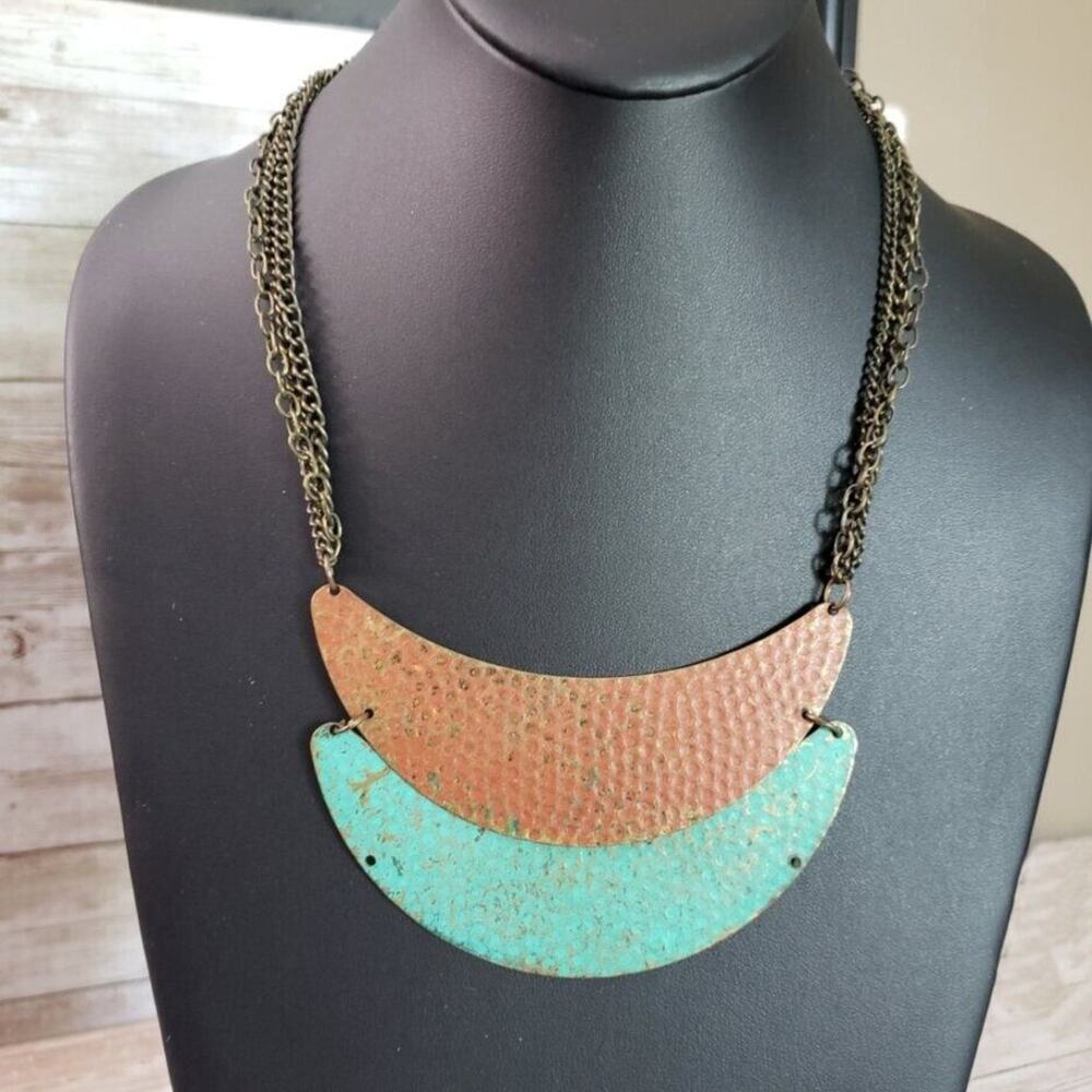 Vintage Necklace Statement Metal Necklace with Green & Orange Tones